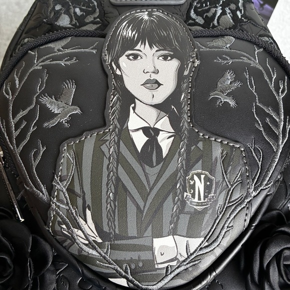 Loungefly Wednesday Addams Mini Floral Backpack Black Embossed - Picture 2 of 12